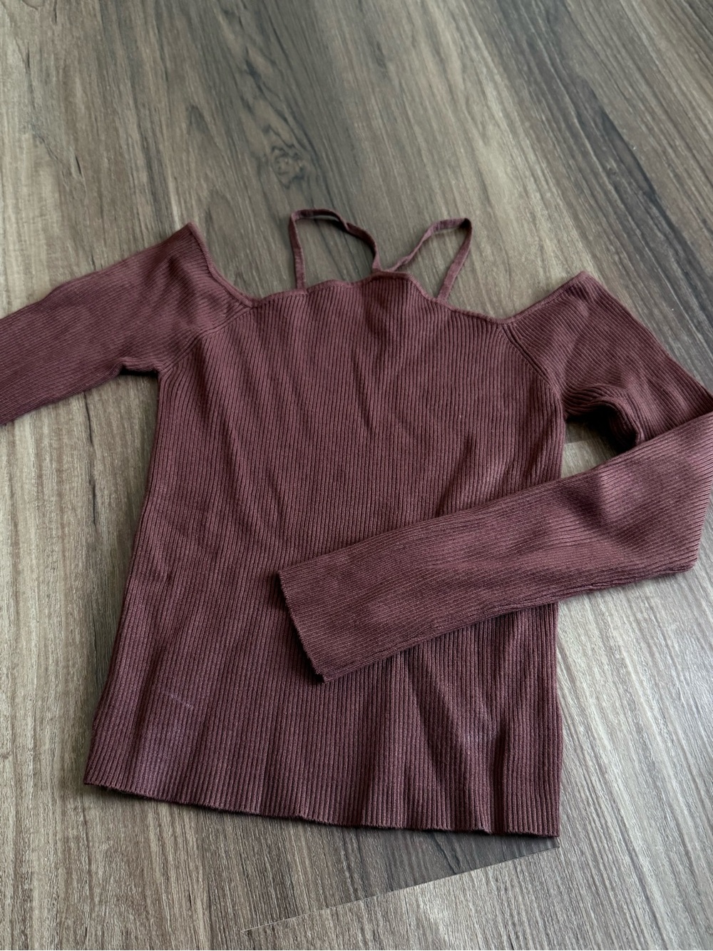 DISSH Off-Shoulder Ribbed Sweater Top in Burgundy